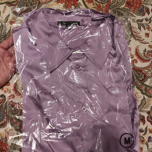 567. Satin Button Down Long Sleeve Shirt in Lilac - Picture 3 of 3